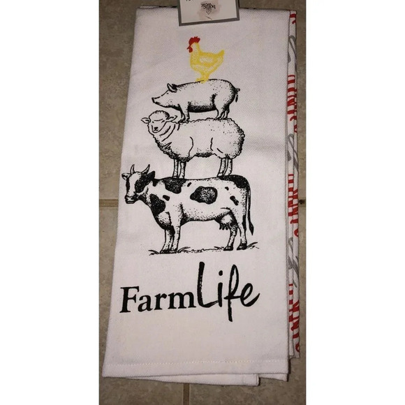 NWT Set Of 2 Kitchen Towels Farm Life Chicken Pig Sheep Cow 18” X 28” - Picture 1 of 2